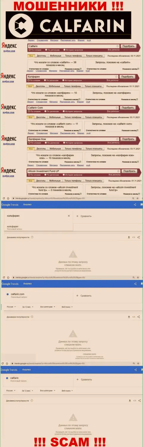Суммарное число поисковых запросов посетителями всемирной интернет паутины инфы о мошенниках Calfarin Com
