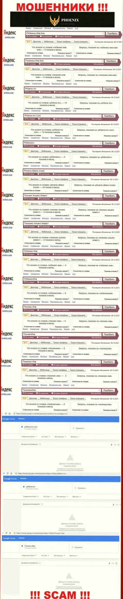 Скриншот статистики поисковых запросов по жульнической организации Пхоеникс-Инв Ком