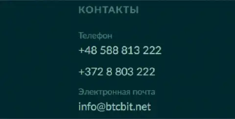 Номера телефонов и Е-майл онлайн обменки БТЦБИТ Сп. З.о.о.