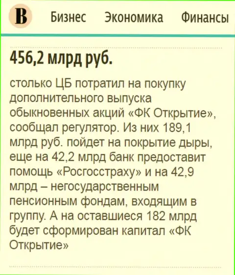 Как сказано в ежедневной деловой газете Ведомости, практически пол триллиона российских рублей пошло на спасение от банкротства финансового холдинга Открытие