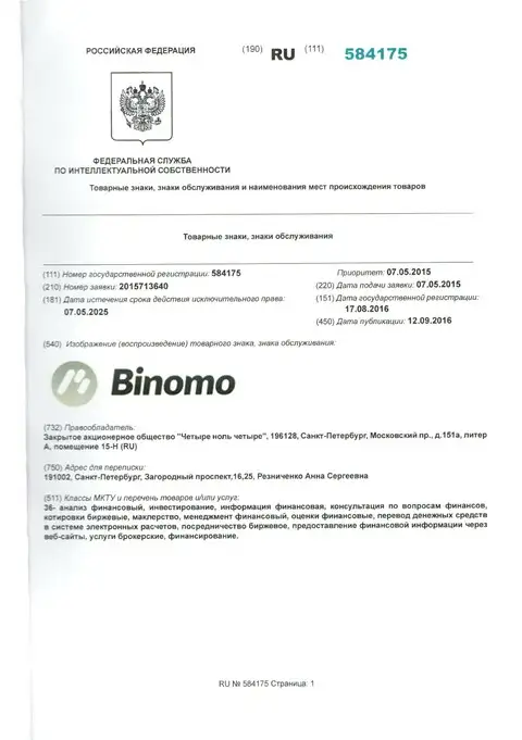 Представление фирменного знака Биномо в РФ и его правообладатель